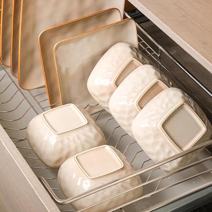 vicrays Ceramic Square 12 Pieces Dinnerware Set - Dinner Plates Salad Plates Cereal Bowls Set Service for 4 - Scratch Resistant Microwave Oven Dishwasher Safe - Beige