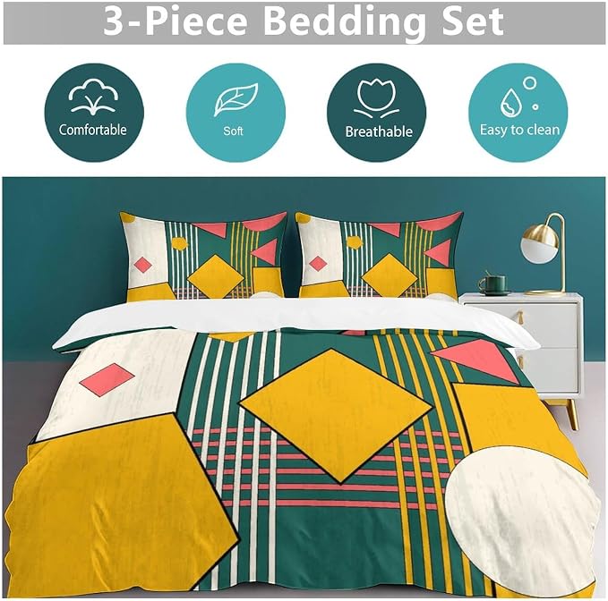 Colorful Aesthetic Comforter Cover Geometry Bed Set, Retro Atomic Duvet Cover，Modern Mid Century Bedding Sets，Aesthetic Abstract Art Bedding 3 Piece (1 Duvet Cover 102"x90" + 2 Pillow Sham 20"x30")