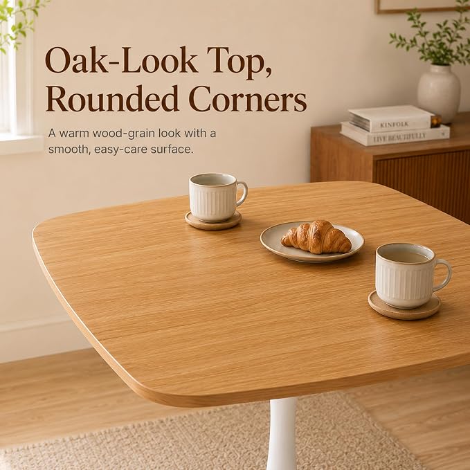 31.5 Inch Oak Square Dining Table for 2-4, Mid-Century Modern Tulip Table with White Metal Pedestal Base, 0.71 Inch MDF Top for Small Space, Apartment, Kitchen, Breakfast Nook & Office