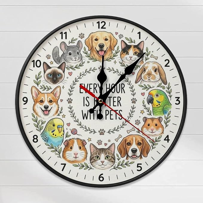 Every Hour Better with Pets Wall Clock, Cute Animal Faces Silent Non-Ticking Wooden Decor for Kids Room, Pet Owner Gifts, Frameless Battery Operated Clock
