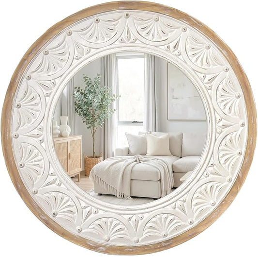 H HOMEWINS Rustic Round Mirror, 24" Wooden Circle Farmhouse Wall-Mounted Nature Beads Decor Mirror for Bedroom, Bathroom, Living Room,Vanity