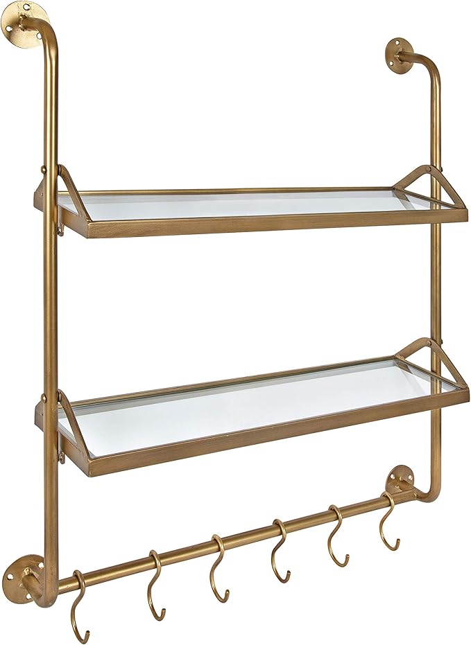 Kate and Laurel Marit Modern Industrial Wall Shelf with Metal Pipe Supports and Glass Shelves, Gold