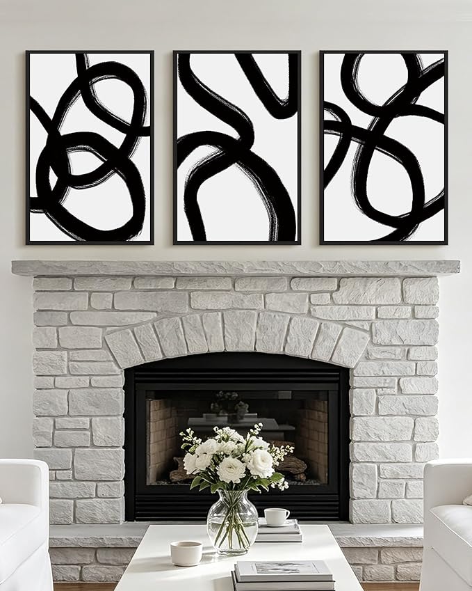 KUVIOKE Black and White Abstract Framed Wall Art Ink Wash Minimalist Lines Painting Artwork for Bedroom Hallway 16x24in (Black Framed)