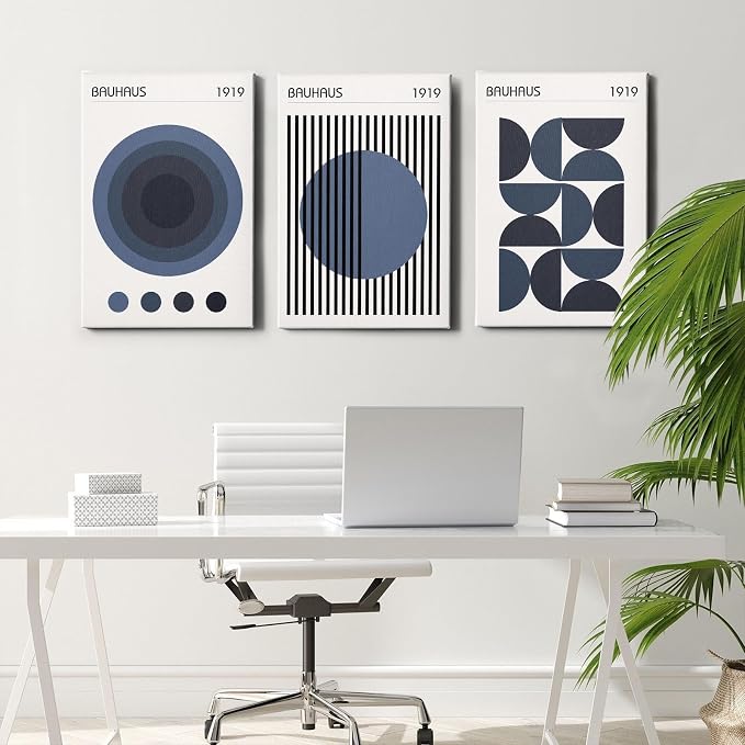 Minimalist Geometric Wall Art Bauhaus Exhibition Poster Abstract Shape Prints Mid Century Modern Artwork Boho Modern Pictures Abstract Geometric Painting Blue Bauhaus Poster 16x24inch Wood Framed