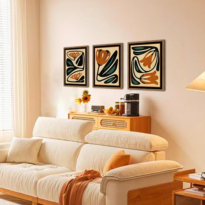 Mid Century Floral Wall Art Set of 3, Modern Abstract Botanical Wall Decor Picture, Vintage Boho Eclectic Plant Canvas Prints Paintings for Bedroom Living Room 12x16 inch Framed