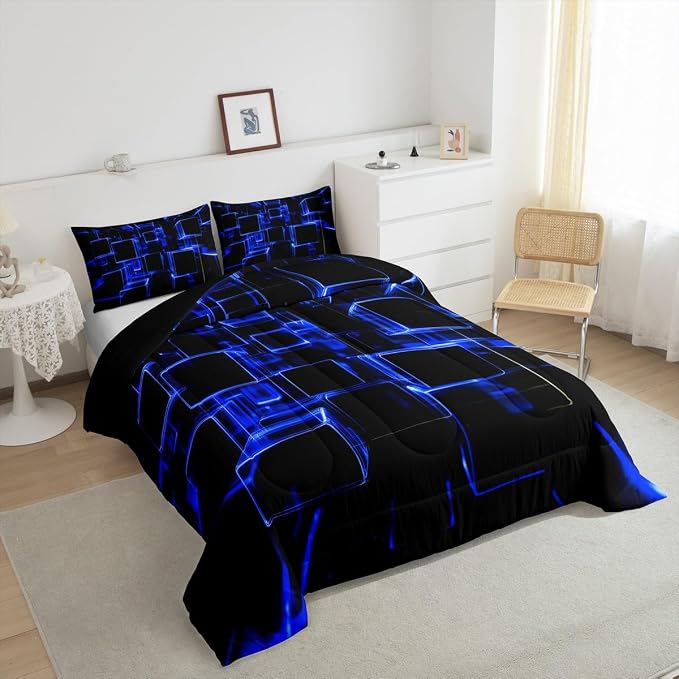 Erosebridal Honeycomb Blue and Black Kids Comforter Set, Modern Geometric Square Bedding for Boys Girls Gradient Neon Light Abstract Duvet Set Twin 2 Pieces
