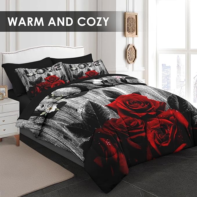 WeCozy 7 Pcs Queen Size Comforter Set with 2 Pillowcases & 2 Shams, Red Rose Flower Bedding for Kids and Adults, Vintage Woodboard Wood Grain Bed in a Bag with Flat Fitted Sheet