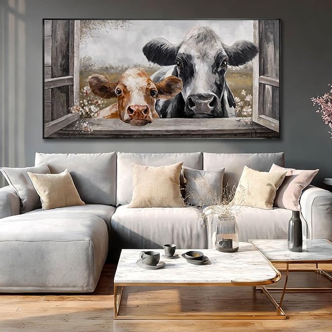 Modern Framed Wall Decor Cow Wall Art Grey and Brown Picture Prints 29"x58" Decorations for Bedroom Posters for Living Room