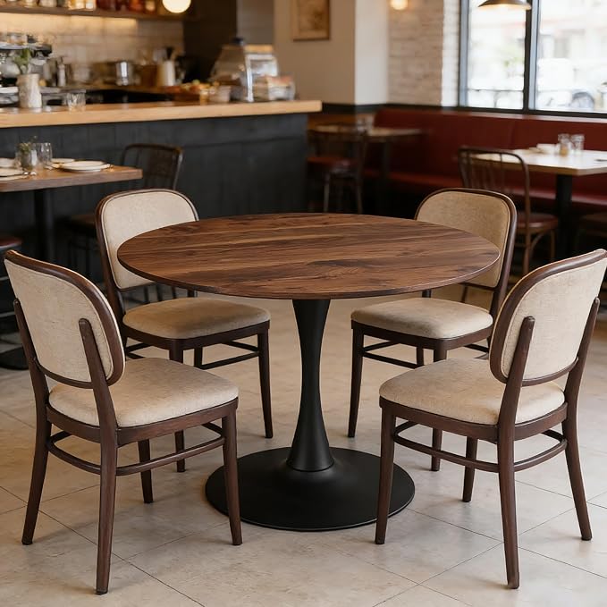 42 Inch Walnut Round Dining Table for 4-6 Person,Mid-Century Walnut Tulip Kitchen Table, Pedestal Metal Base Table for Kitchen Dining Room