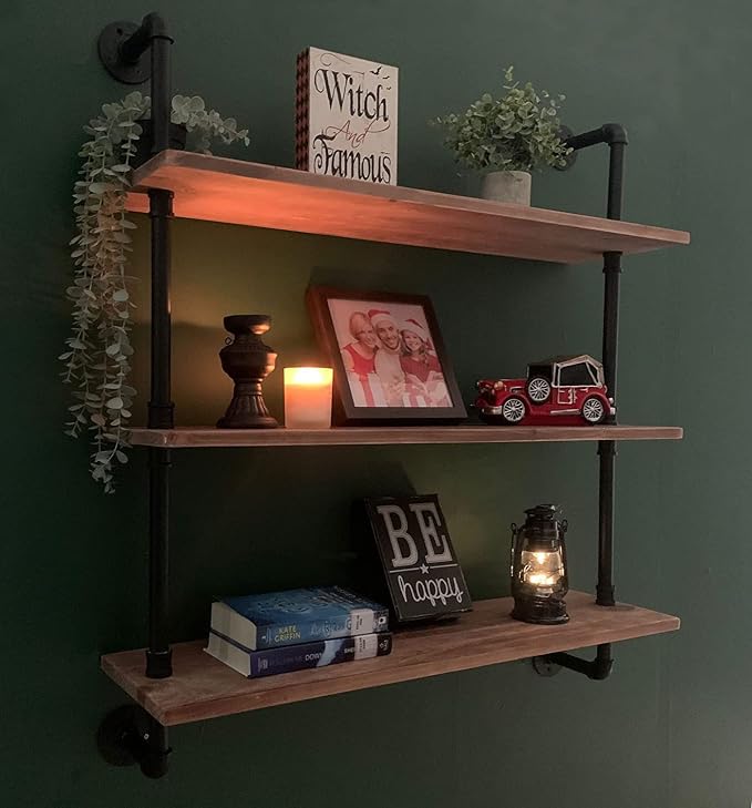 HDDFER Pipe Shelves Industrial Pipe Shelving Shelves Real Wood Industrial Floating Pipe Shelves with Wood Planks 36 inch Wall Shelves Rustic Hanging Bookshelf Farmhouse Kitchen Bar Shelving