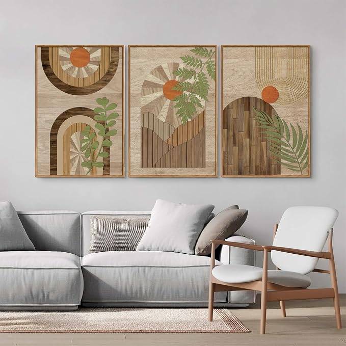 KYLESONLIE Mid Century Modern Framed Canvas Wall Art Set, Boho Wood Geometric Panel Wall Decor, Rustic Wooden Arch Art Painting, Pastel Sage Green Leaf Artwork for Living Room Bedroom Office 16"x24"x3