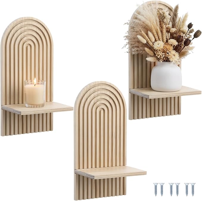 3 Pack Boho Wall Decor Set, 7” x 4.5” x 13.8” Natural Solid Wood Arch Wall Shelves, Mid-Century Modern 3D Hanging Shelves for Living Room, Bedroom, Bathroom, Farmhouse Candle Holder & Display