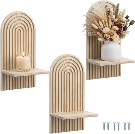 3 Pack Boho Wall Decor Set, 7” x 4.5” x 13.8” Natural Solid Wood Arch Wall Shelves, Mid-Century Modern 3D Hanging Shelves for Living Room, Bedroom, Bathroom, Farmhouse Candle Holder & Display