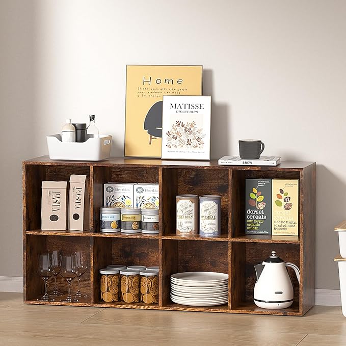 Wooden 8 Cube Storage Organizer with Closed Back Panel,Brown Cube Shelf Cubby Storage Organizers with Compartments for Living,Bookshelf,Organizers Easy to Install (Retro Brown, 8 Cube)