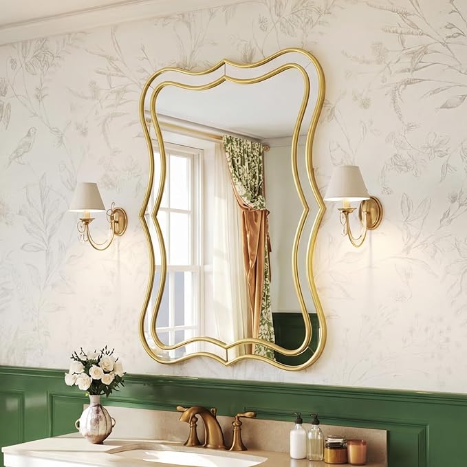 Gold Scalloped Wall Mirror, 24”x32“ Rectangle Wavy Mirrors, Wall Decor Mirror for Living Room,Bedroom,Bathroom,Entryway