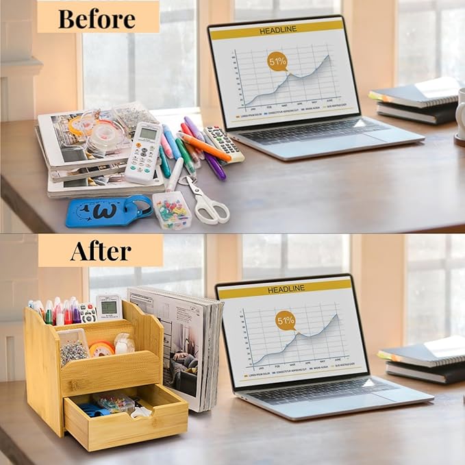 ZAVOOS Bamboo Desk Organizer, Multi Use Tabletop Storage Office Supplies with Drawer Pen Holder, 5 Compartments Heavy Duty Desk Accessories for Home Office Organization, No Assembly Required