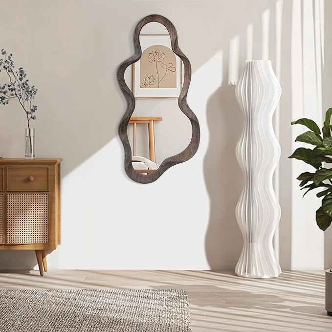 Large Asymmetrical Mirrors for Wall Wood Frame Irregular Mirror Unique Cloud Wavy Mirror Modern Living Room Bedroom Vanity Entryway Hallway Decorative Artistic Wall Mirror