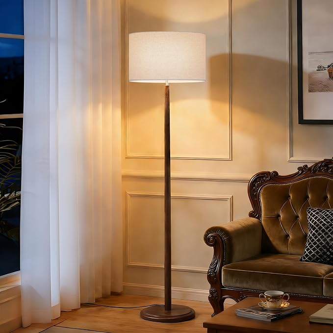 61" Rustic Walnut Wood Floor Lamp, Mid Century Standing Tall Lamp with Linen Shade, Retro Farmhouse Lighting for Home Living Room, Bedroom, Dining Room, UL listed, E26 Base (Bulb Not Included), Cream