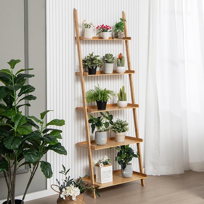 Tangkula 5-Tier Ladder Shelf Bookcase, Bamboo 72”H Wall-Leaning Bookshelf with Baffles and Anti-Tipping Kits, Plant Stand for Living Room Bathroom Home Office Decor, Ladder Bookshelf, Natural