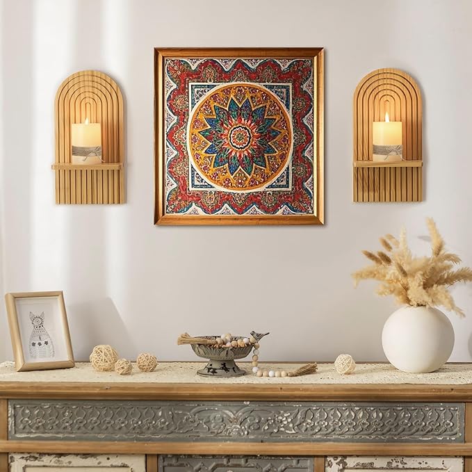 Boho Wall Decor Set of Two - Natural Modern Minimalist Mid Century MCM Wall Candle Holder for Living Room - Wood Bohemian Decor for Bathroom Nursery Bedroom