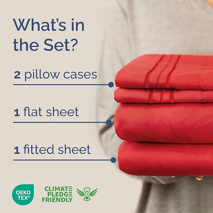 Queen Size 4 Piece Sheet Set - Comfy Breathable & Cooling Sheets - Hotel Luxury Bed Sheets for Women and Men - Deep Pockets, Easy-Fit, Extra Soft and Wrinkle Free Sheets - Red Oeko-Tex Bed Sheet Set