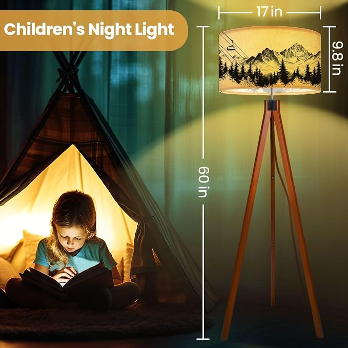 Wood Tripod Floor Lamp for Bedroom, Modern Mountain Ski Lift Sketch Pine Trees Peaks Forest Alpine Scenery Pen Reading Standing Lamp, Mid Century Night Light for Study Room Living Room Office