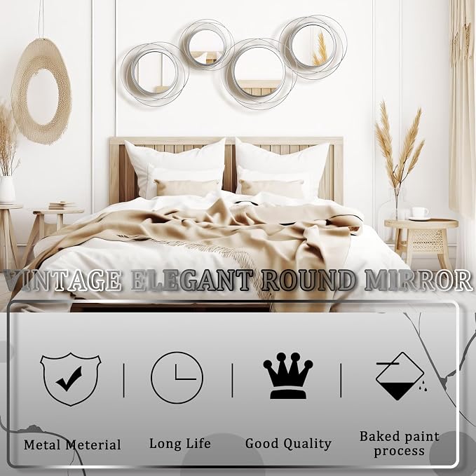 Hicarer 4 Pcs Decorative Wall Mirror Round Modern Mirror Circle Mirror Wall Art Ring Metal Mirror Wall Decor Wall Mounted Mirror for Bedroom Living Room Entryway Dining Room Hallway (Silver)