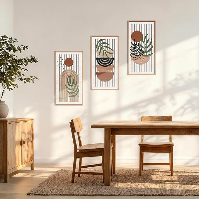 IARTTOP Boho Mid-century Modern Wood Wall Art 8x16 Inch Framed Bohemian Abstract Wooden Wall Decor Set of 3 Minimalist Orange Leaf Wall hanging for Living Room Bedroom Office