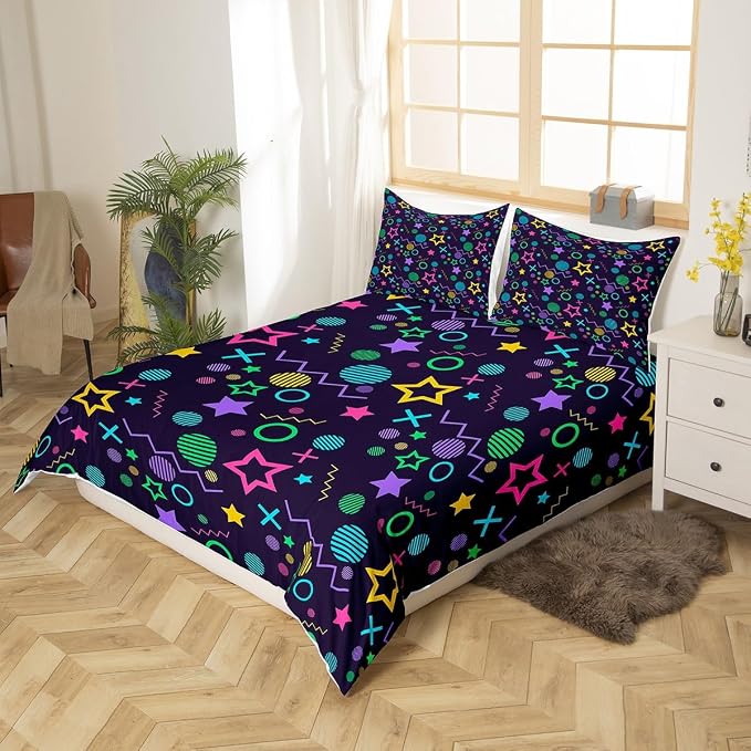 Memphis Duvet Cover Set Twin Size, Colorful Geometric Vintage Style Comforter Cover with 1 Pillowcase, 80s 90s Fashion Style Bedding Set for Kids Boys Girls Lightweight Bedspread Cover,No Comforter