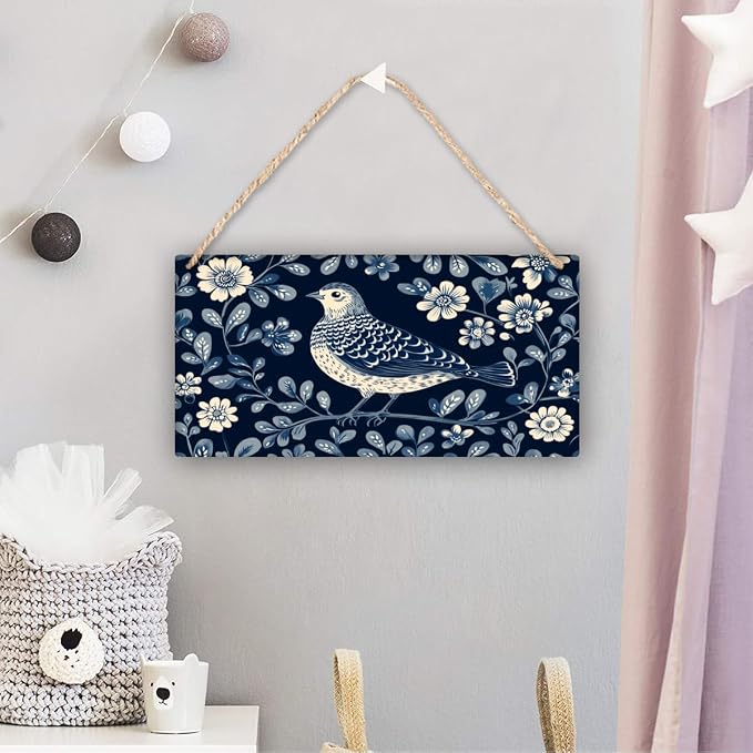 Retro Bird in Blue Floral Garden Wooden Print, 12x6 Inch Nostalgic Wood Decors for Mid-Century Modern Enthusiasts & Floral Fans, Add a Touch of Classic Charm to Your Home Office