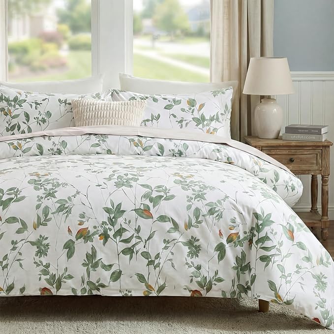 Floral Duvet Cover Queen Size 100% Cotton Reversible Green Floral Duvet Cover Set with Zipper Closure 3 Pcs Green Leaf Soft & Breathable Bedding Comforter Cover