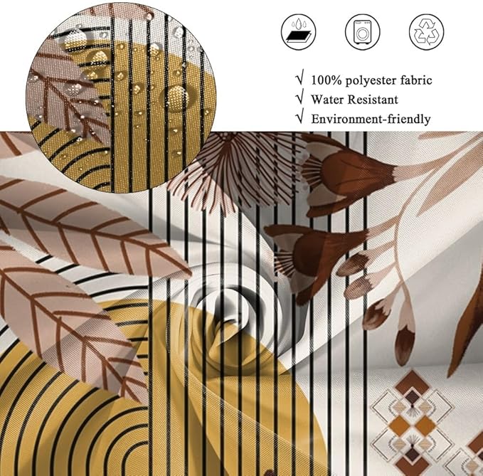 Mid Century Boho Shower Curtain for Bathroom Brown Leaves Orange Sun Arch Stripes Floral Shower Curtains Vintage Abstract Bathroom Set Decor Washable Waterproof Polyester Fabric with Hooks 36x72 Inch