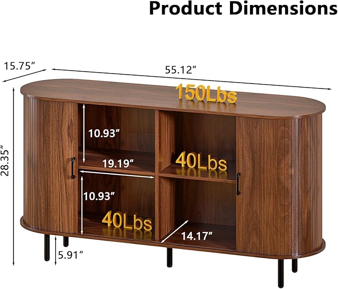 PUKAMI 55" Wood Buffet Sideboard Cabinet with Storage, Mid-Century Modern Coffee Bar Cabinet with Sliding Doors & Shelves, Accent Credenza Console Table for Kitchen, Dining Room, Entryway