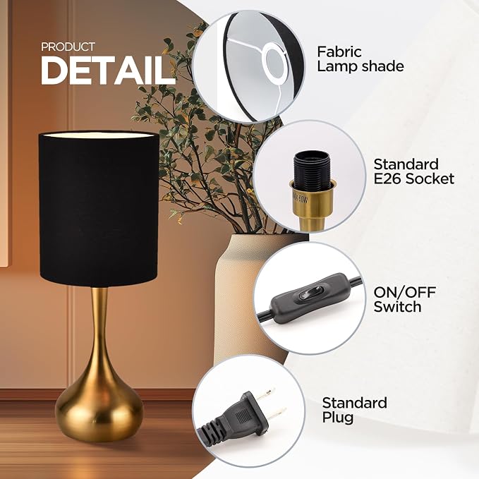 KUNJOULAM Modern Table Lamp, 17.3" Small Desk Light with Brass Metal Droplet Base, Black Cylinder Linen Drum Shade, Nightstand Lamp for Bedroom Living Room Nightstand Office