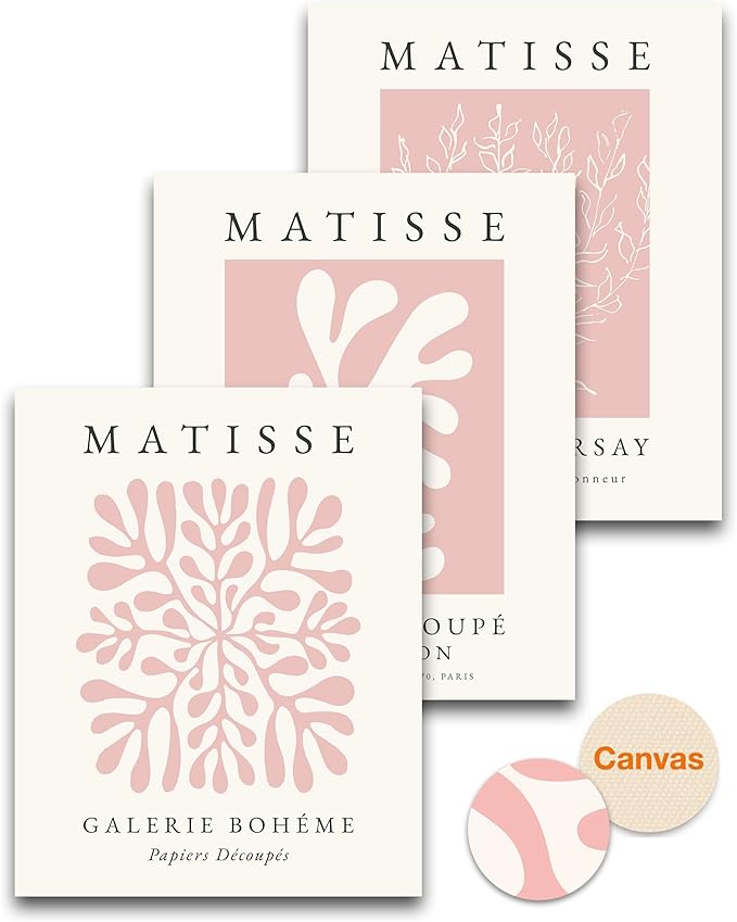 HesenDot Unframed Pink Wall Art Set of 3,12x16in Matisse Canvas Prints,Abstract Botanical Wall Decor Posters,Minimalist Modern Home Decoration for Living Room Bedroom Office, Unframed
