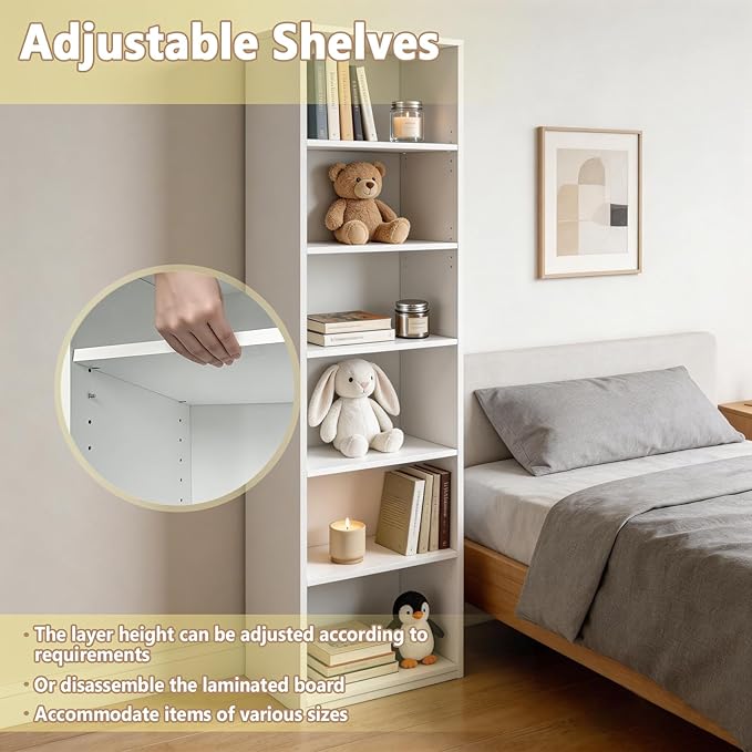 CTESNE【2026 Adjustable Shelves 5-Tier Bookcase, 71 inches, Wooden Open Display Floor Bookshelf (White)