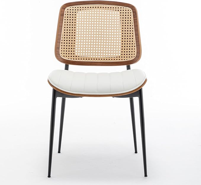 LUNLING Dining Chairs Set of 2 Mid Century Modern Retro Faux Leather Kitchen Chairs with Walnut Bentwood Upholstered Seat Metal Legs Adjustable Foot for Kitchen Dining Room Chairs(White-Rattan Back)