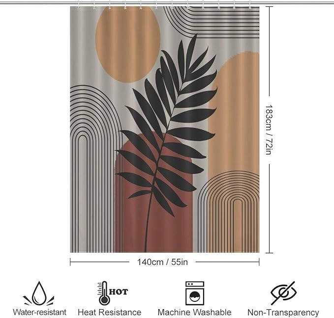 Boho Mid Century Shower Curtain, Sun Brown Leaves Rainbow Color Blocks Modern Artistic Waterproof Shower Curtains for Bathroom Decor 12 Pack Hooks 55x72in（140x183cm）