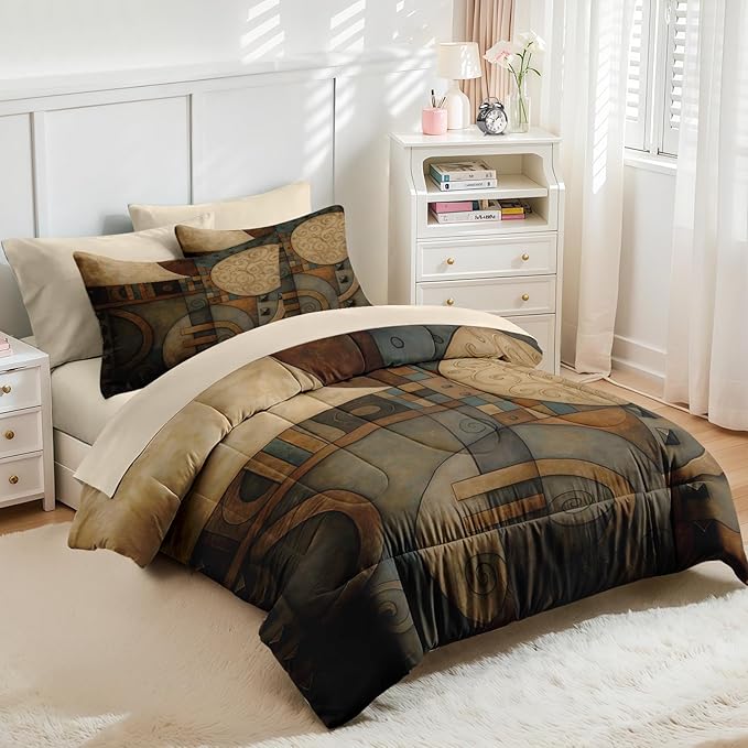 Nesker Comforter Set Queen Size, Geometry Vintage 7 Pcs Bedding for Kids and Adults, Abstract King Retro Tribe Bed Sheet Sets with Fitted Sheet 2 Pillowcases & 2 Shams