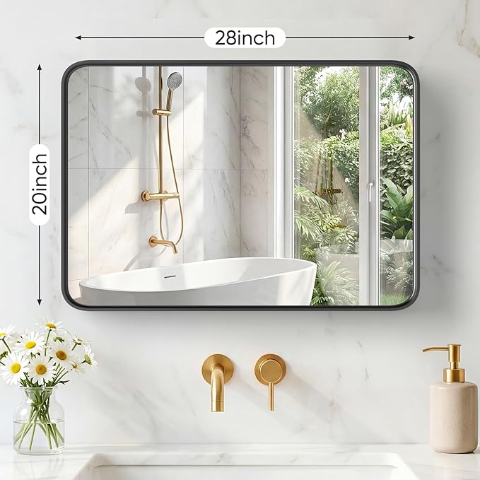 NEWBULIG 20X28 Inch Bathroom Mirror for Over Sink, Wall Vanity Mirrors Tempered Glass, Anti-Rust Metal Framed Rounded Rectangle, Hangs Horizontally or Vertically, Farmhouse Home Decor, Black