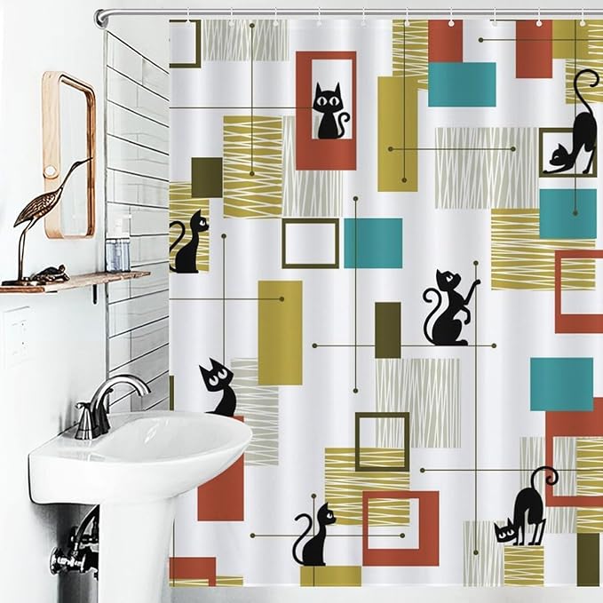 Mid Century Shower Curtain for Bathroom, Modern Black Cat Abstract Atomic Geometric Pattern Lovely Kittey Retro 1950s 1960s Waterproof Fabric Shower Curtain Set with Hooks72 x84 Inch