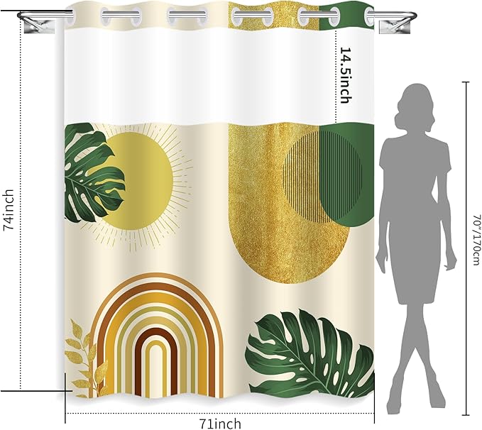 No Hook Shower Curtain and Liner Set Minimalist Boho Bathroom Decor,Yellow Mid Century Modern,Shower Curtain with Window and White Lining is Detachable,71x74inch