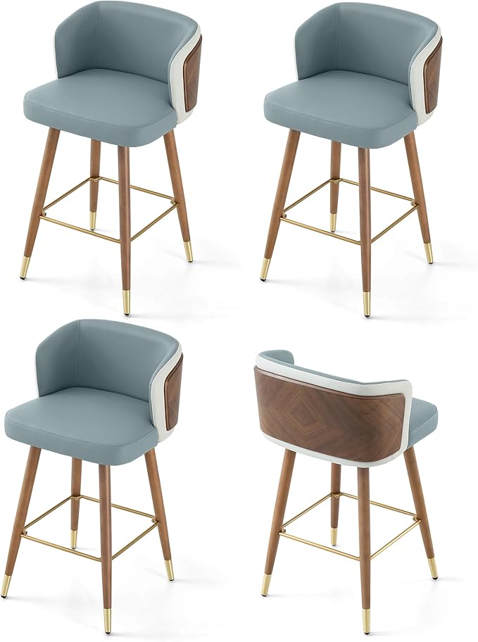 ARTPLAN Mid Century Modern Bar Stools Set of 4 for Counter Height - Leather Upholstered Seat with Walnut Wood Frame, Retro 34 Inch Bar Chairs for Home Kitchen Island, Bar, Breakfast Nook,Steel Gray