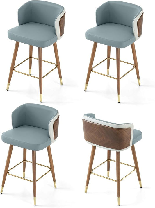 ARTPLAN Mid Century Modern Bar Stools Set of 4 for Counter Height - Leather Upholstered Seat with Walnut Wood Frame, Retro 34 Inch Bar Chairs for Home Kitchen Island, Bar, Breakfast Nook,Steel Gray