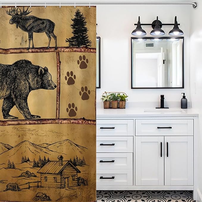 Rustic Cabin Vintage Bear Shower Curtain, Farmhouse Country Antique Bear Moose Forest Vintage Wood Camping Waterproof Shower Curtains for Bathroom Decor 12 Pack Hooks 66x72in（168x183cm）