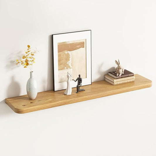 Reclaimed Elm Wood Floating Shelves for Wall Round Edge, 48"W x 9.2"D x 1.37"H, Set of 1 with Invisible Bracket, Wall Mounted Shelves for Living Room Bedroom Kitchen Bathroom Decor, Natural Finish