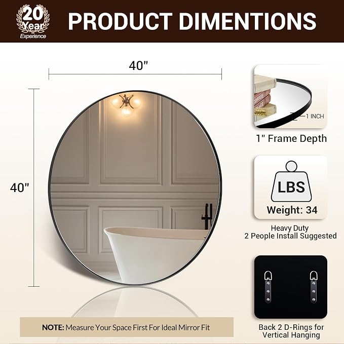 ANDY STAR Round Black Mirror for Bathroom, 40" Large Bathroom Mirrors for Over Sink, Anti-Rust Modern Wall Mirror,1 Inch Deep Set Design, Heavy Duty, 4MM HD Glass, 9MM Thicker Backboard
