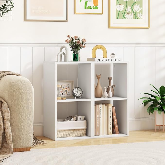 Tangkula 2-Cube Bookcase, 3-Tier Bookshelf with Open Compartments, Freestanding Cube Storage Organizer with Anti-Toppling Kits, Modern Display Shelf for Living Room, Study (2, White, 2-Cube)