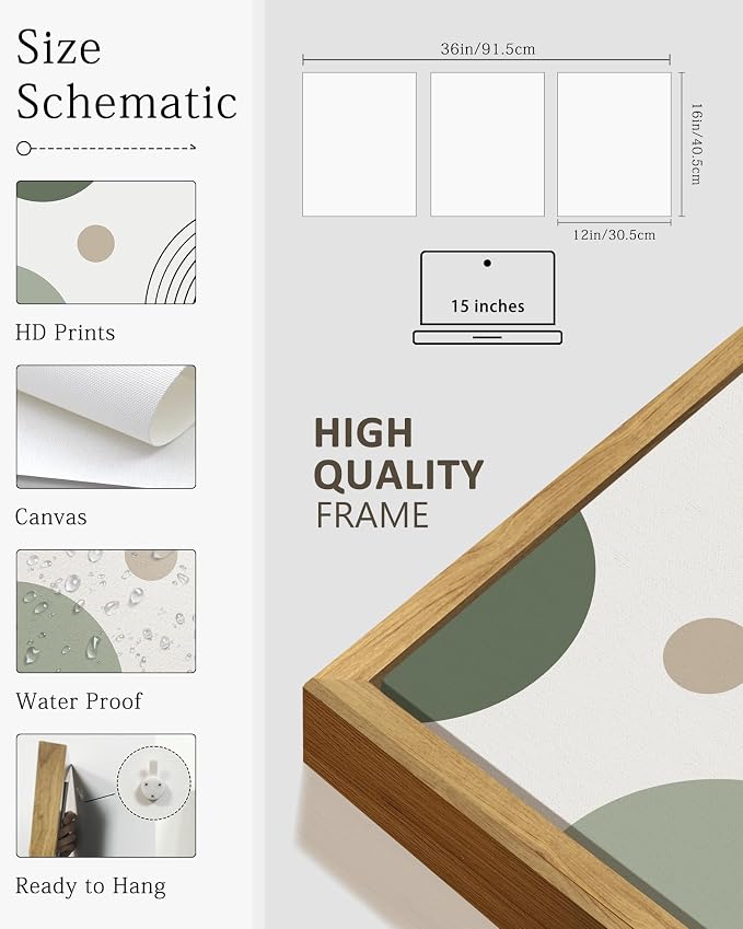 KUVIOKE Boho Wall Art Framed Botanical Modern Wall Printing Green Neutral Abstract Geometric Prints Bohemain Sage Decor for Farmhouse Living Dining Room 12x16in (Natural Framed)