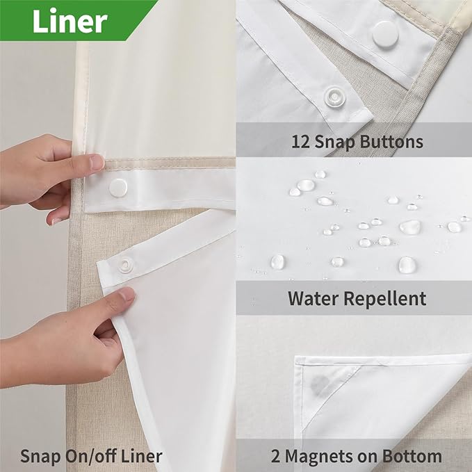Stall No Hooks Needed Linen Textured Shower Curtain with Snap-in Fabric Liner Set,Hotel Luxury Decor Shower Curtains for Bathroom with Mesh Top Window,Waterproof & Washable,36Wx74H,Cream
